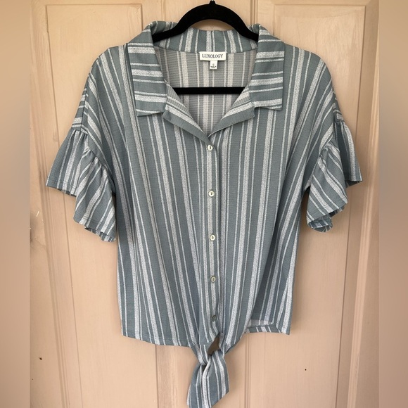 Luxology Blue and White Striped Blouse with tie and Flutter Sleeves | Size S - Picture 1 of 6